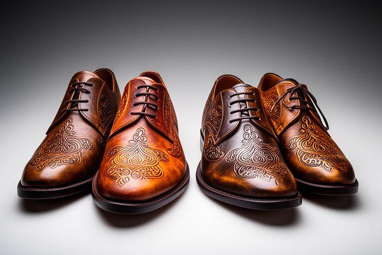 Handgefärbte Herren- und Damenschuhe mit kalligraphischer Musterprägung