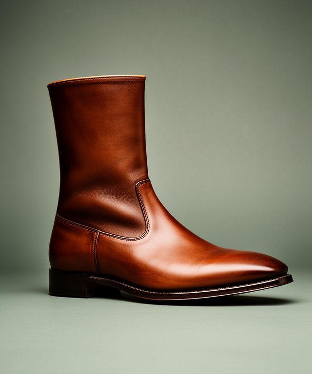 Kufic-Stiefel aus braunem Leder auf Studiohintergrund mit klarer, kantiger Form